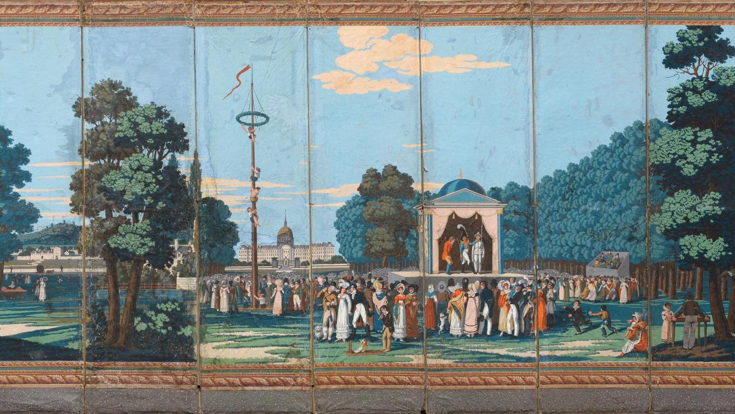 « Réjouissances populaires aux Champs-Élysées à l'occasion de la fête du roi », papier... P comme papier peint, au XIXe siècle