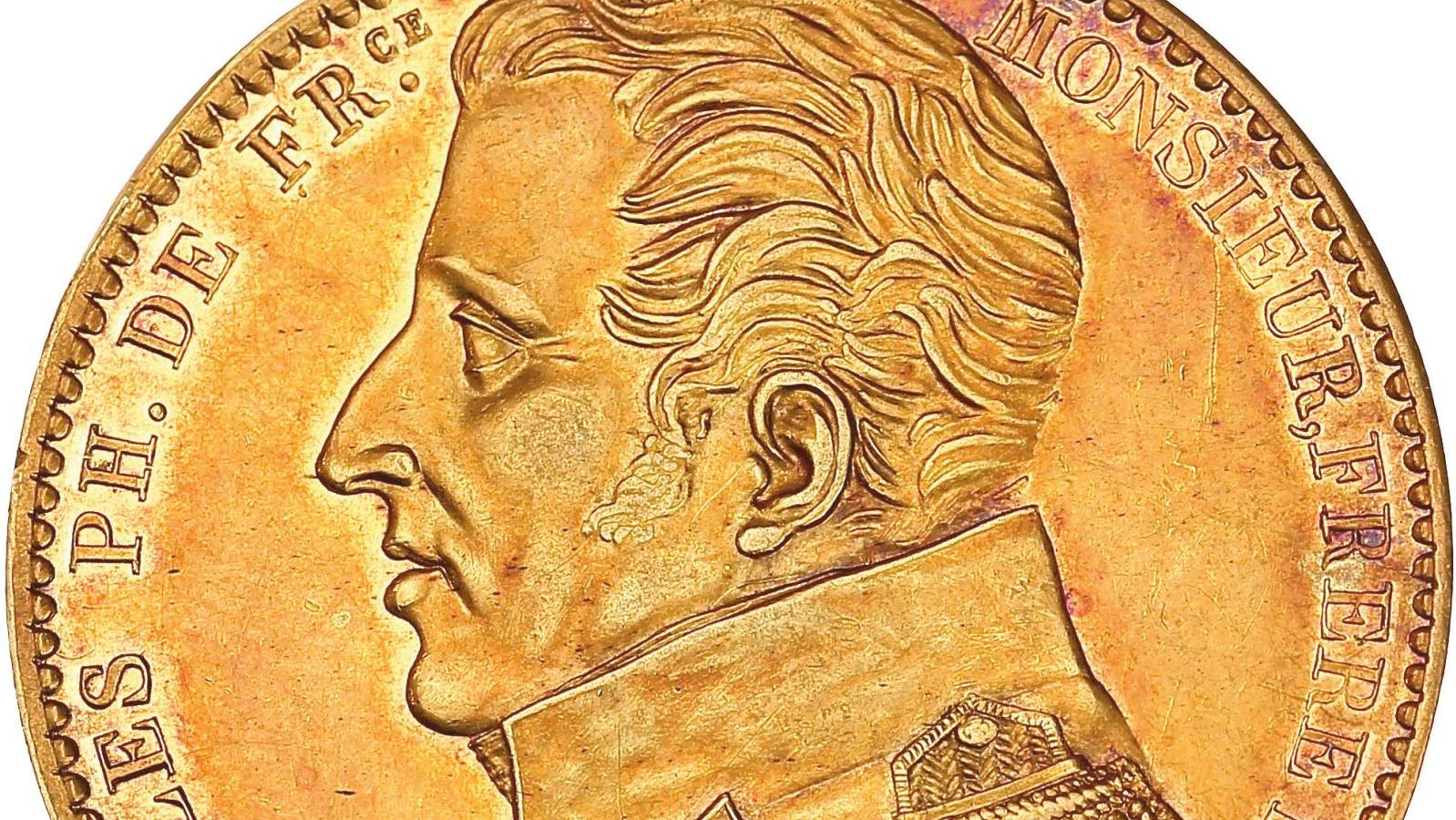 1818, époque Restauration. Pièce de 5 francs or à l’effigie de Charles Philippe de France,... Charles de France sur une monnaie d'or