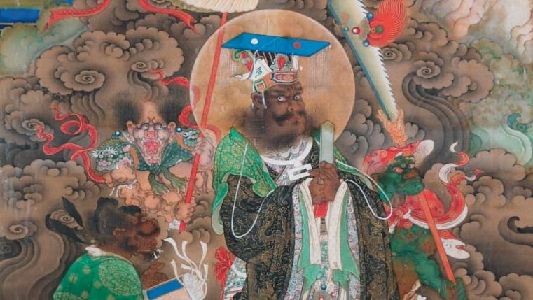 Chine, XVIIIe siècle. Peinture à l’encre polychrome sur soie représentant le roi... Le prince Zhuang et le roi des Enfers