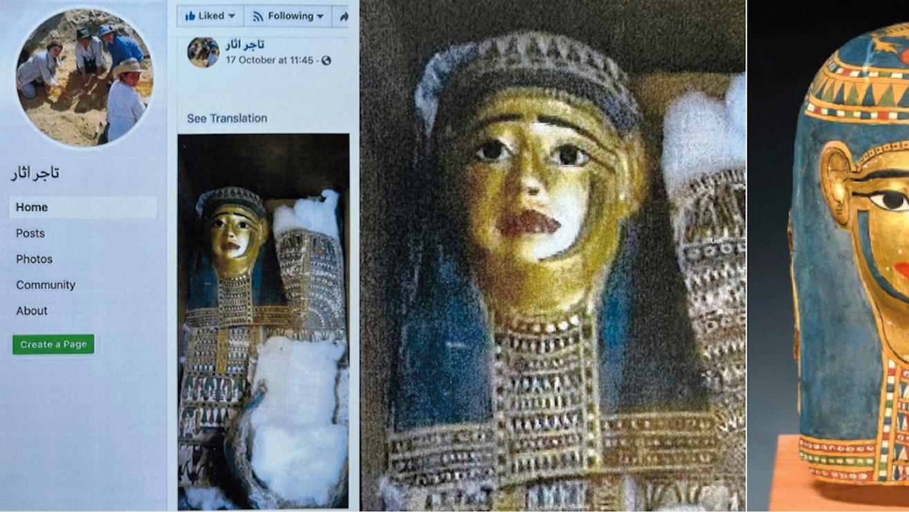 Image de gauche et du centre : page Facebook litigieuse – Image de droite : masque... Trafic d’antiquités : mort sur le nul ?