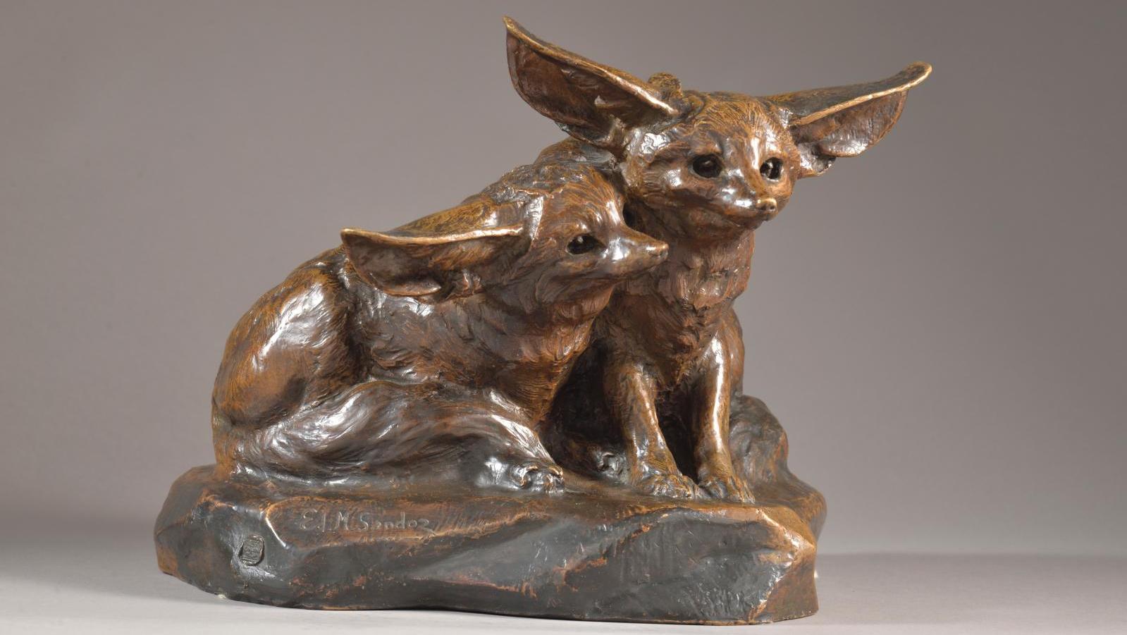 Édouard-Marcel Sandoz (1881-1971), Deux fennecs assis, 1922-1924, sculpture en bronze... Un animal de bonne compagnie