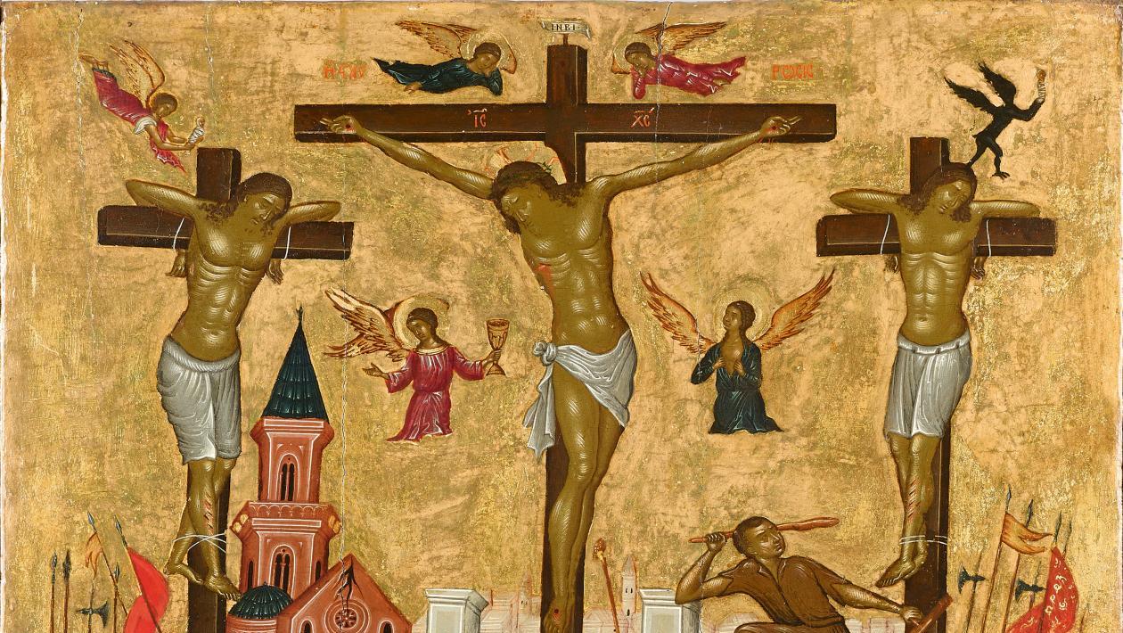 École crétoise, première moitié du XVIIe siècle. La Crucifixion, tempera sur panneau,... La rareté d'une Crucifixion crétoise récompensée