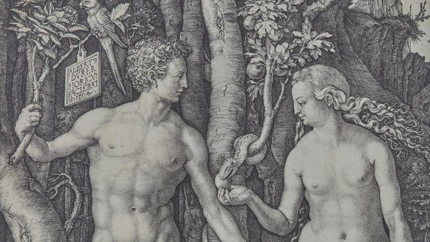 Albrecht Dürer (1471-1528), Adam et Ève ou La Chute de l’homme, 1504, gravure sur... Dürer humaniste et Biegas démoniaque