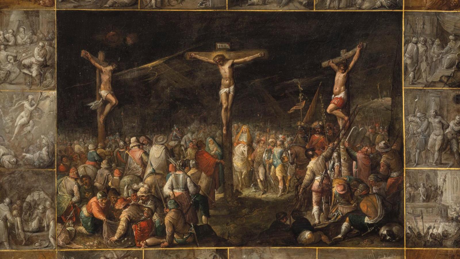 Frans II Francken (1581-1642), La Crucifixion avec les Quatre Évangélistes et les... Frans II Francken au centre de l’histoire