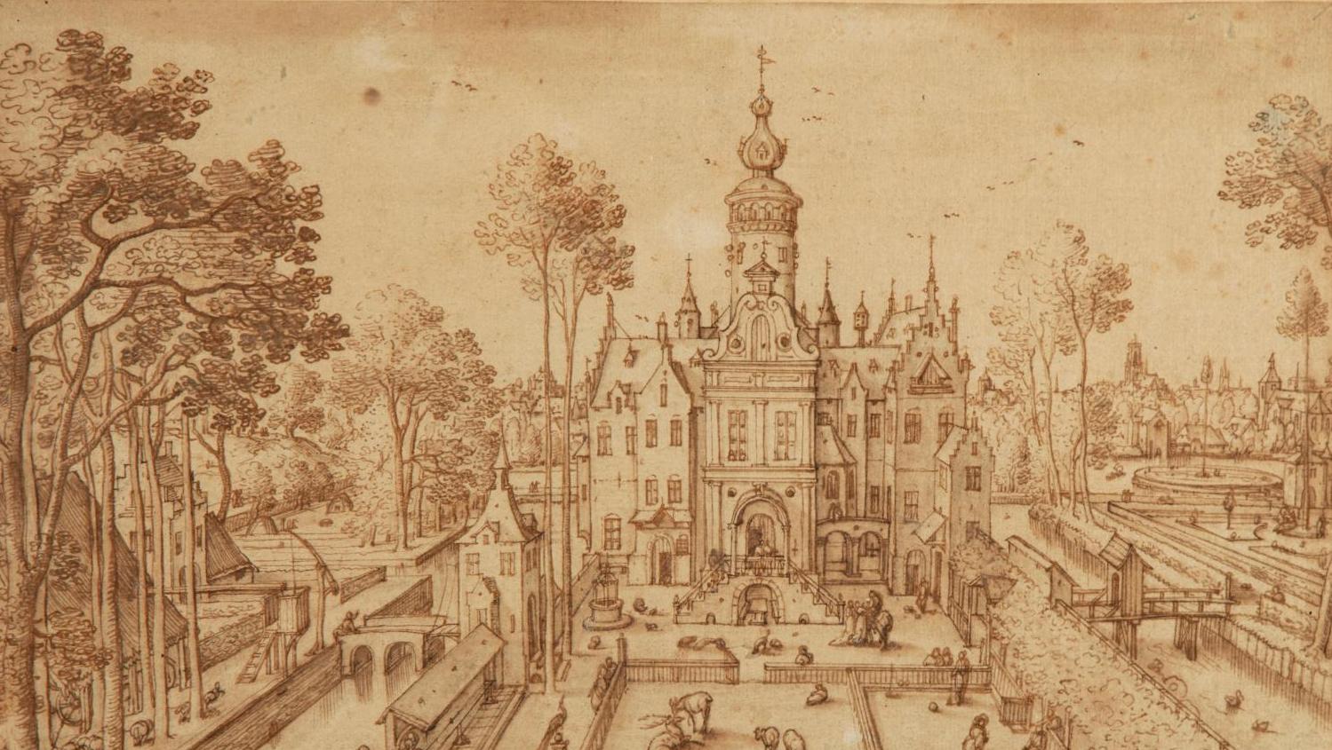 Hans Bol (1534-1593), Jeux de balles devant un château, 1580, dessin signé et daté,... Un château des Pays-Bas visité par Hans Bol
