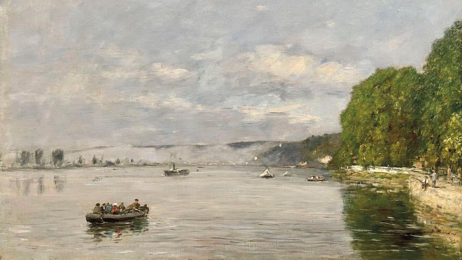 Eugène Boudin (1824-1898), Caudebec-en-Caux, bateaux sur la Seine, 1889, huile sur... Boudin retourne en Normandie