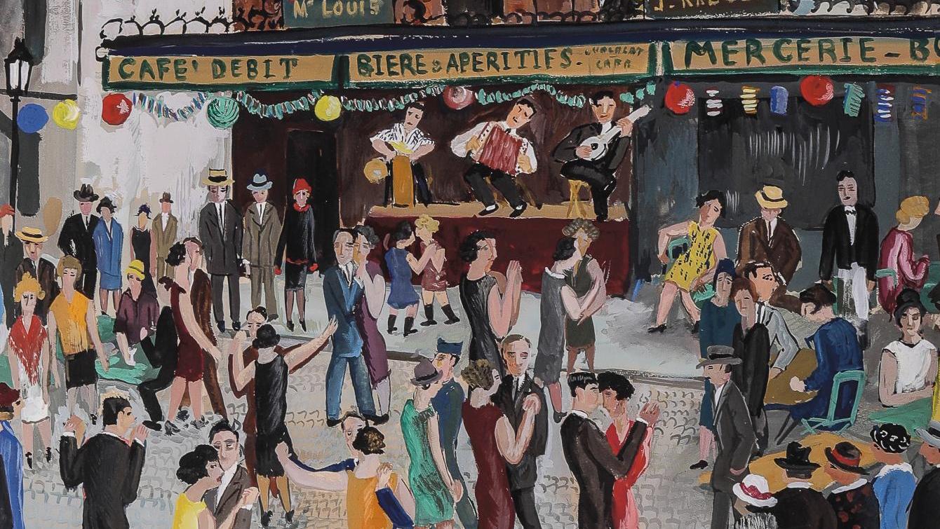 Lucien Genin (1894-1953), Bal du 14 Juillet, Paris, place des Abbesses, gouache sur... Le bal du 14 juillet est ouvert !