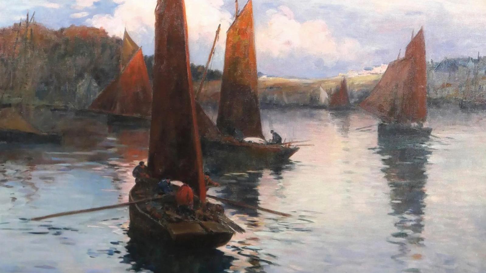 Fernand Legout-Gerard (1854-1924), Bateaux rentrant au port, effet du soir, huile... Une Bretagne sublimée par Fernand Legout-Gérard 