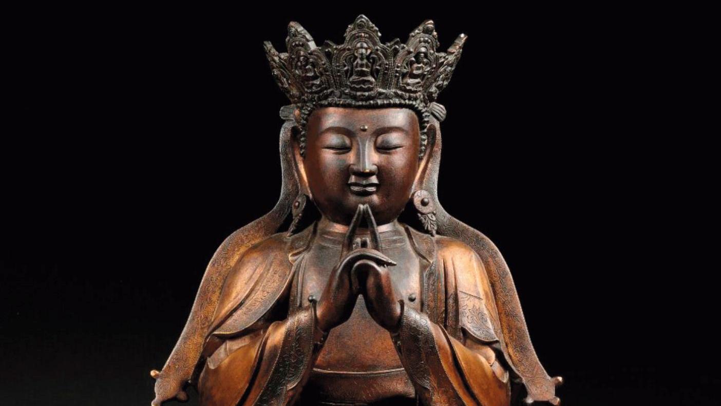 Art sino-tibétain, dynastie Ming, XVe-XVIe siècle. Bouddha en bronze doré en grande... Bouddha Ming sur le Toit du monde 