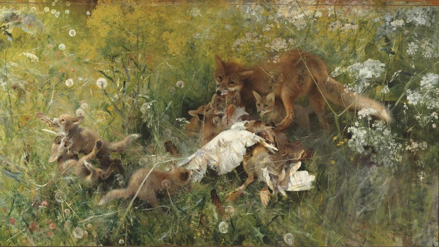 Bruno Andreas Liljefors (1860-1930), Famille de renards, 1886, huile sur toile, 112 x 218 cm,... L’art scandinave au plus près de la nature à Åmot