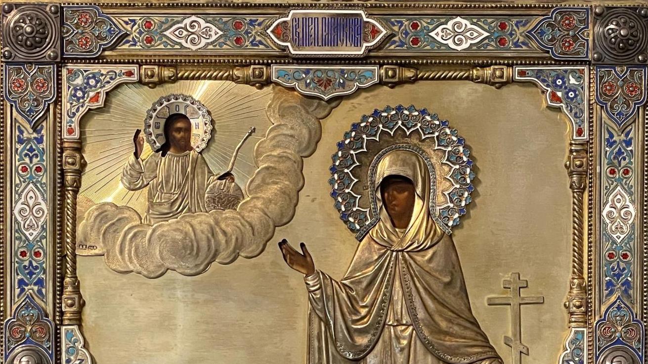 Russie, Moscou, rare icône de sainte Paraskeva offerte au protoiereus Ioan Grigorievitch... Une rare icône de la fin du XIXe siècle 