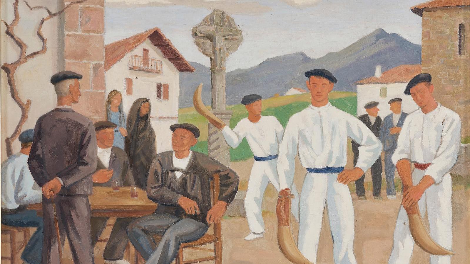 Ramiro Arrue (1892-1971), Un village basque, autour des joueurs de pelote, huile... Le Pays basque personnifié par Arrue