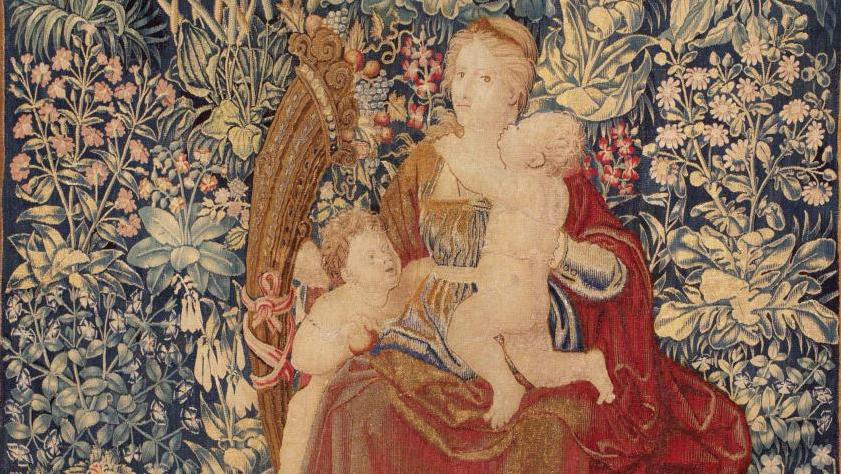 Bruxelles, premier tiers du XVIe siècle, tapisserie Mille-fleurs ornée de l’Allégorie... Galerie Chevalier, art de la tapisserie et tapis d'histoire