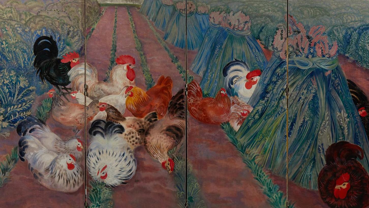 Camille Roche (1894-1948), Coqs et poules, paravent à quatre feuilles articulées,... La grâce bucolique de Camille Roche