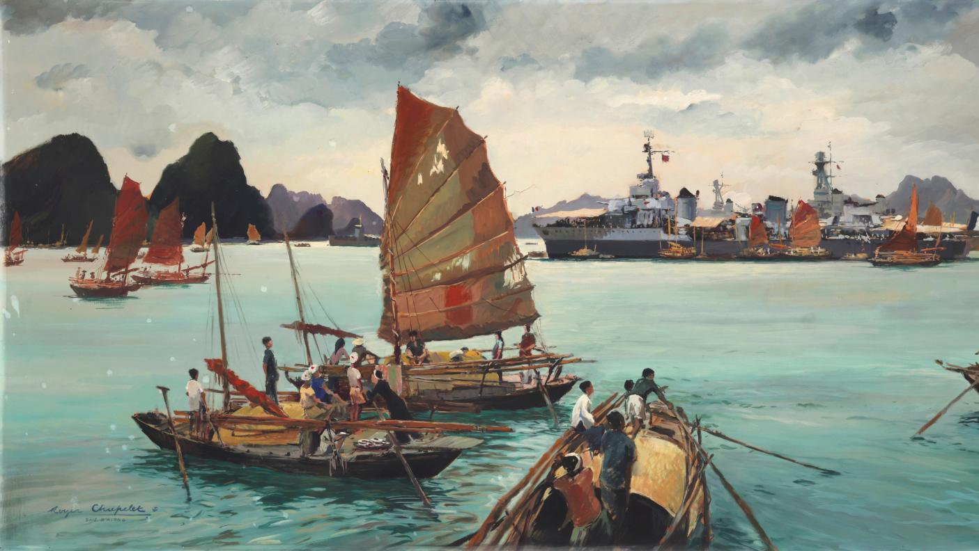 Roger Chapelet (1903-1995), La Baie d’Along, 1946, gouache signée et située, 71 x 148,5 cm.Adjugé... Une rencontre décisive sur la baie d’Along