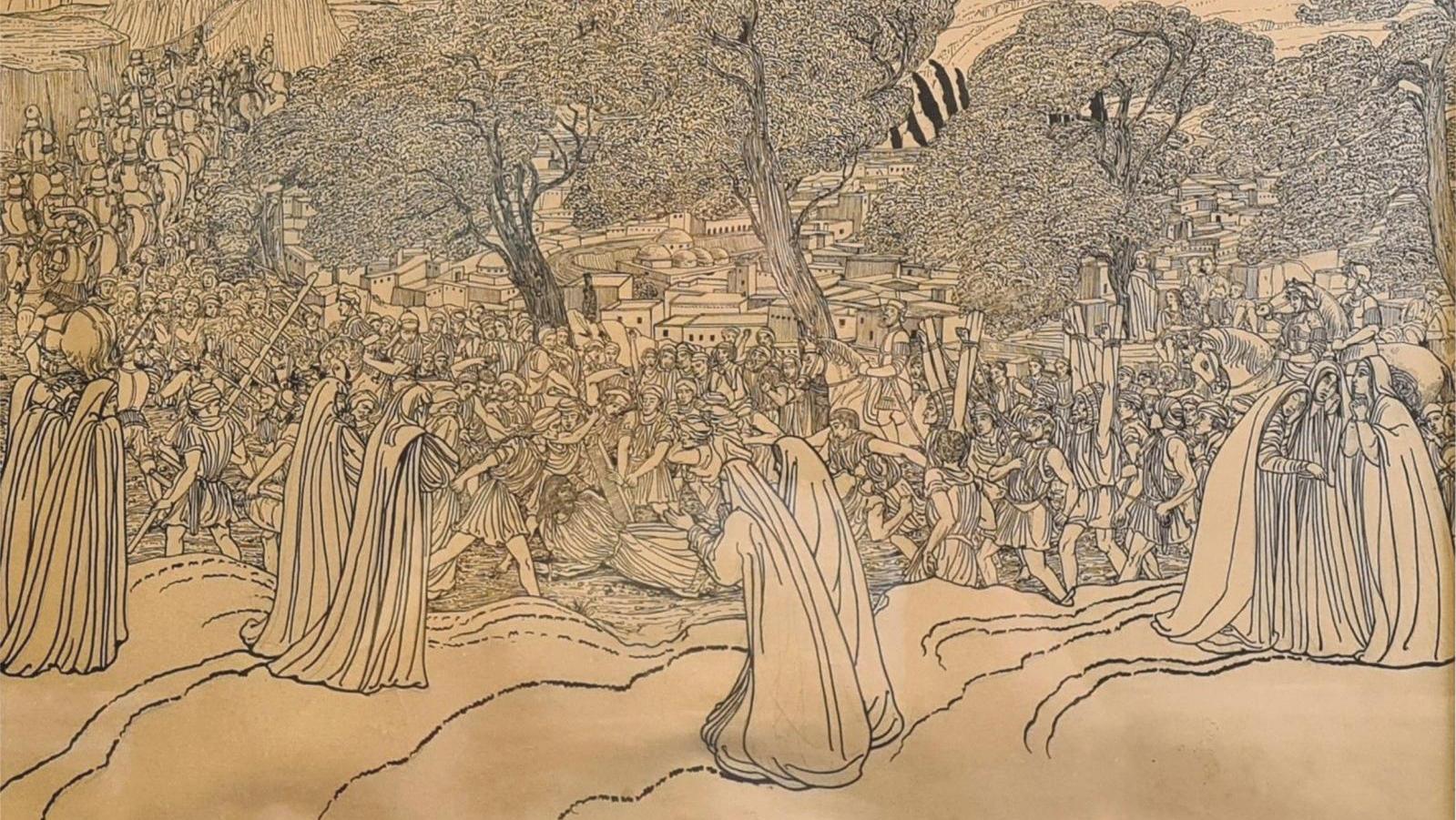 Charles Doudelet (1861-1938), Le Christ chutant avec la croix au milieu de la foule,... Belle envolée pour Doudelet et Pol Mara