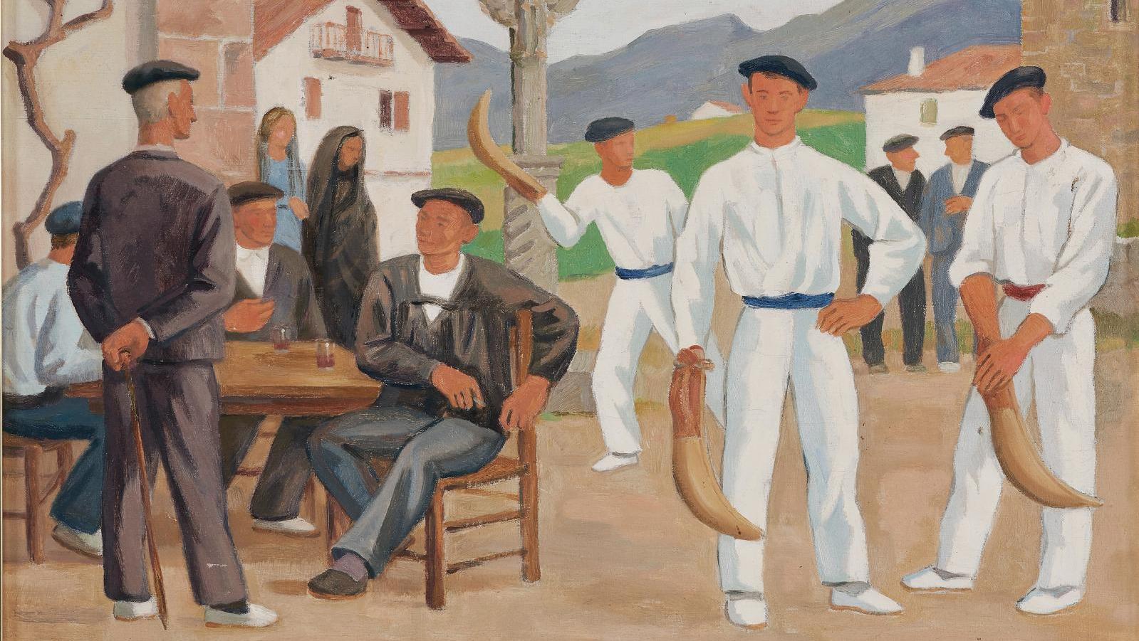 Ramiro Arrue (1892-1971), Un village basque, autour des joueurs de pelote, huile... Le petit théâtre basque de Ramiro Arrue