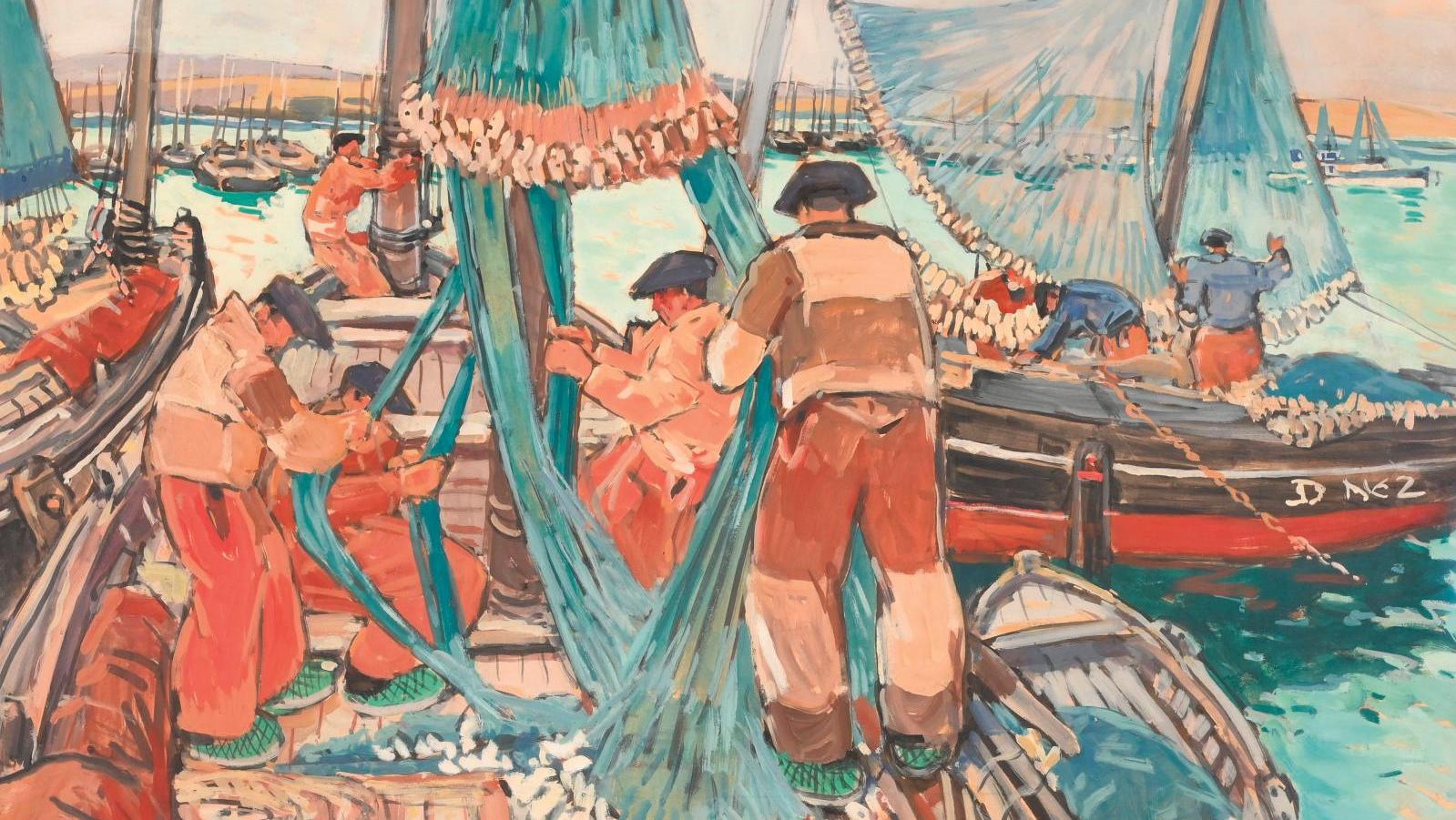 Mathurin Méheut (1882- 1958), Les Filets bleus, technique mixte, 71 x 103 cm. Adjugé :... Mathurin Méheut au plus près de la mer bretonne