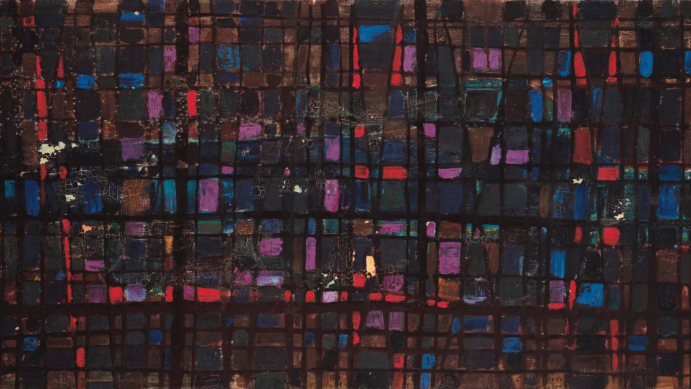 Ahmed Cherkaoui (1934-1967), Composition aux carrés, 1960, toile signée et datée,... Cherkaoui, Arabshahi et Belkahia à Paris