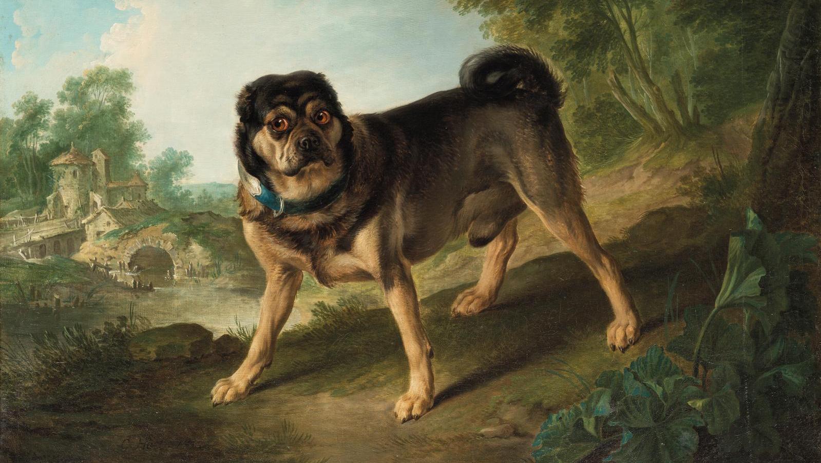 35 100 € Christophe Huet (1700-1759), Chien dans un paysage, sur sa toile d’origine,... ­Cote : les portraits de chiens 