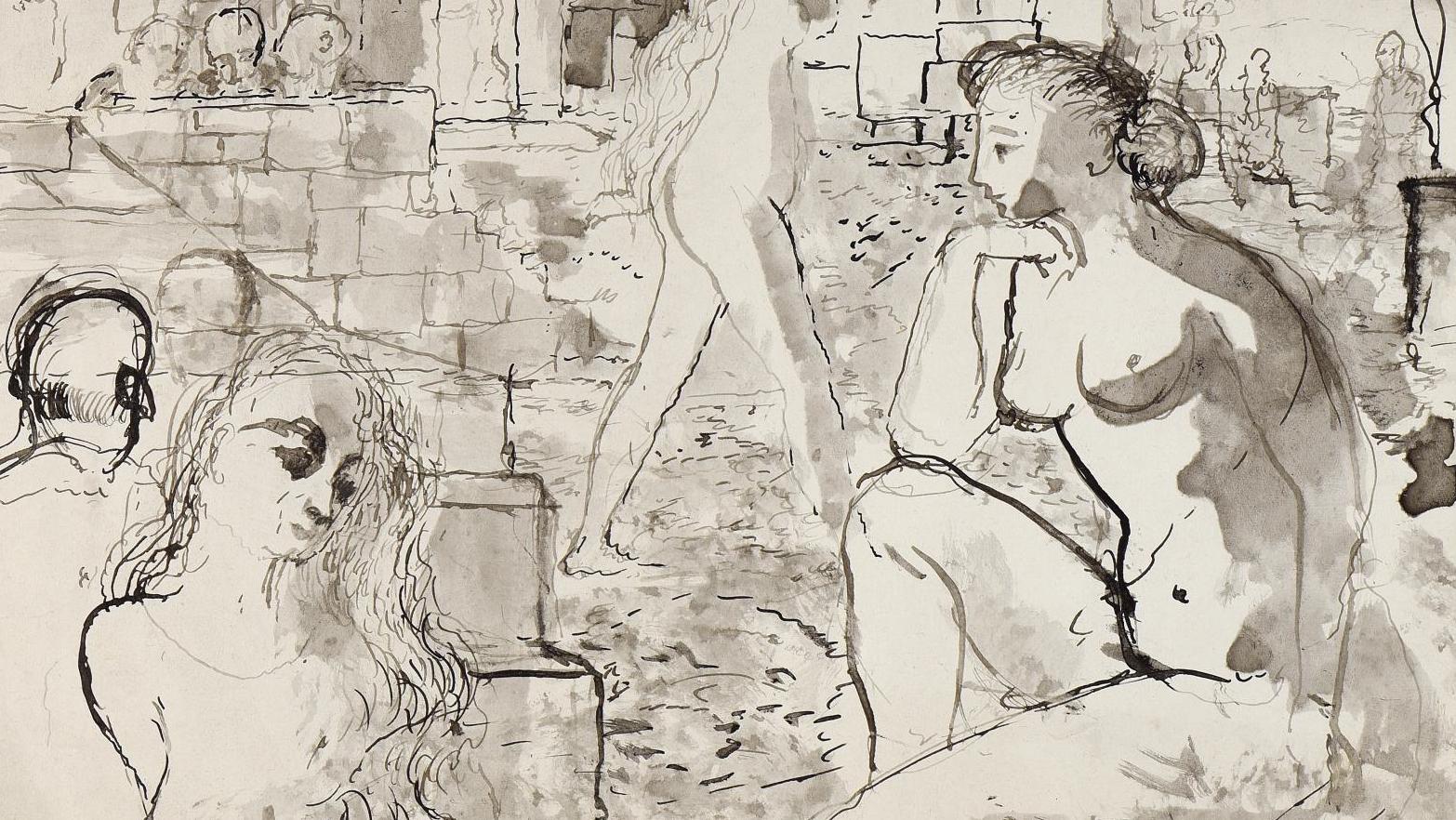 Paul Delvaux (1897-1994), Femmes et ruines, 1942, lavis signé et daté, 23,8 x 33 cm.... Un monde en ruine