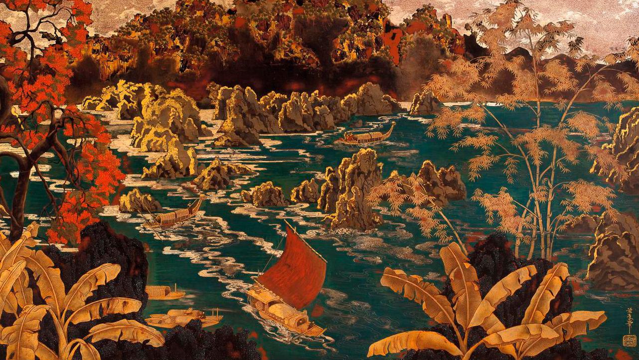 Pham Hau (1903-1995), Les Rapides de Cho-Bo (The Cho-Bo Rapids), lacquer, gold, silver... The Landscape of Upper Tonkin by Pham Hau 
