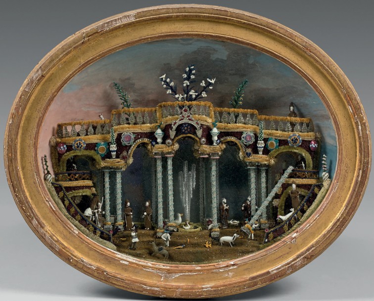 4 375 € Nevers, vers 1800. Paradis en verre filé orné de moines, personnages et animaux devant des arcades à colonnades sur fond de miroir, dans une b