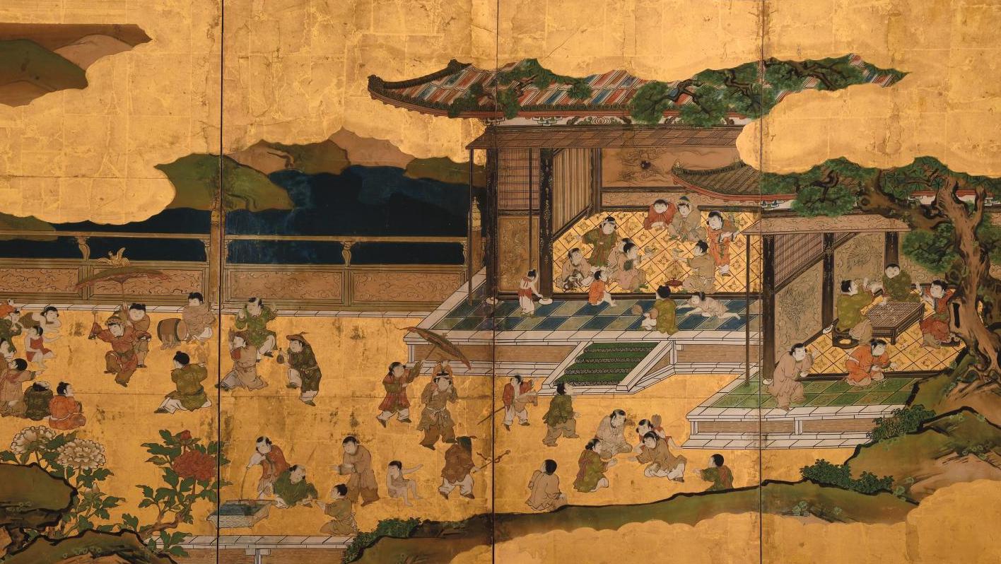 Japon, XVIIIe siècle. Paravent (d’une paire), à quatre feuilles, encre polychrome... Paravents du Japon et autres souvenirs d'Extrême-Orient 
