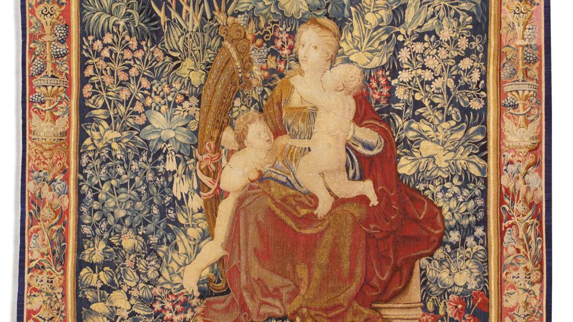 Attribuée à Bruxelles, premier tiers du XVIe siècle, Mille-fleurs ornée de l’allégorie... Les Chevalier, une dynastie de marchands de tapis et tapisserie qui tisse des histoires