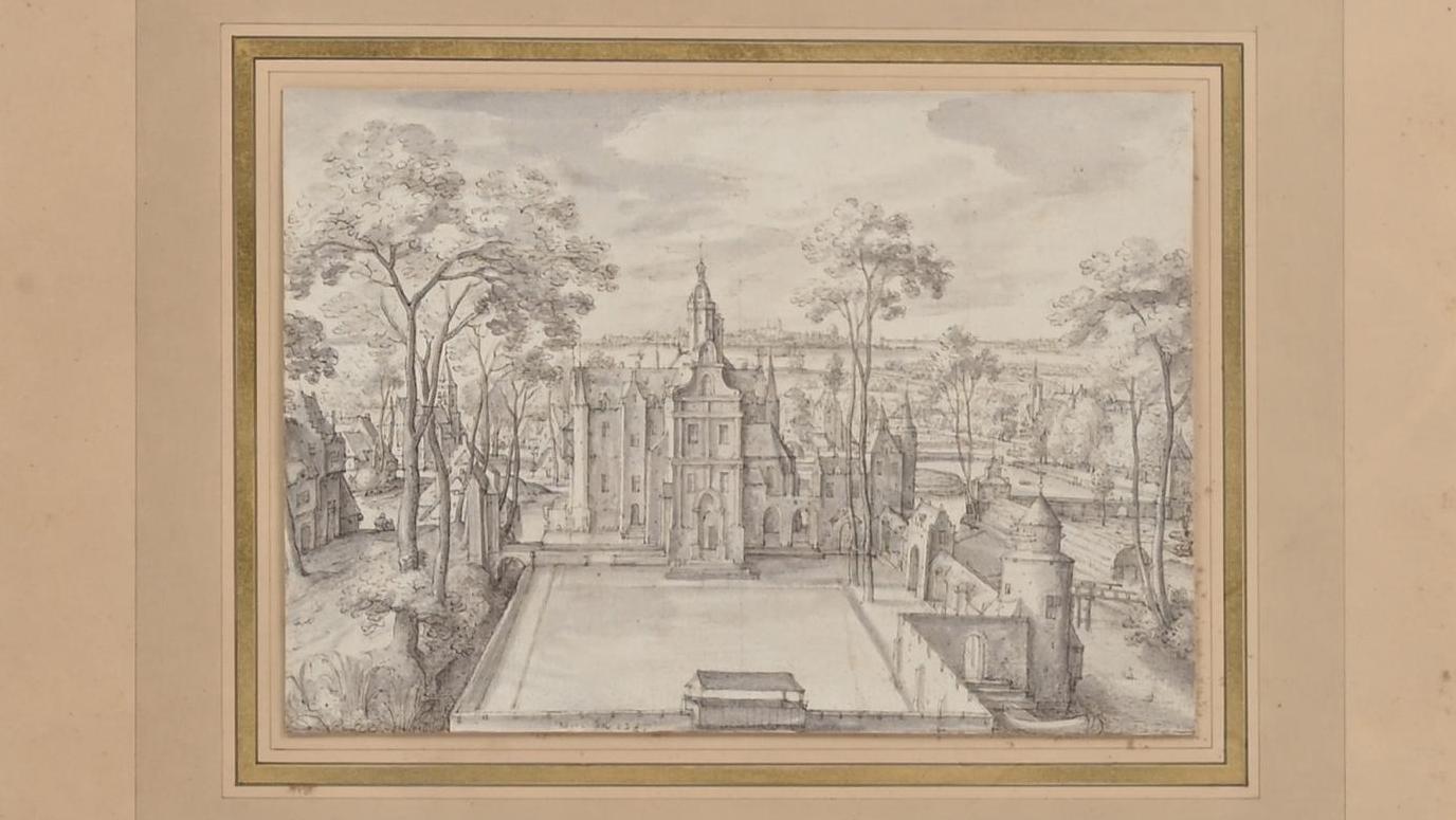 École hollandaise vers 1700, Paysage au monastère, plume et encre noire, lavis gris,... Hollandais et Flamands : quatre dessins gagnants