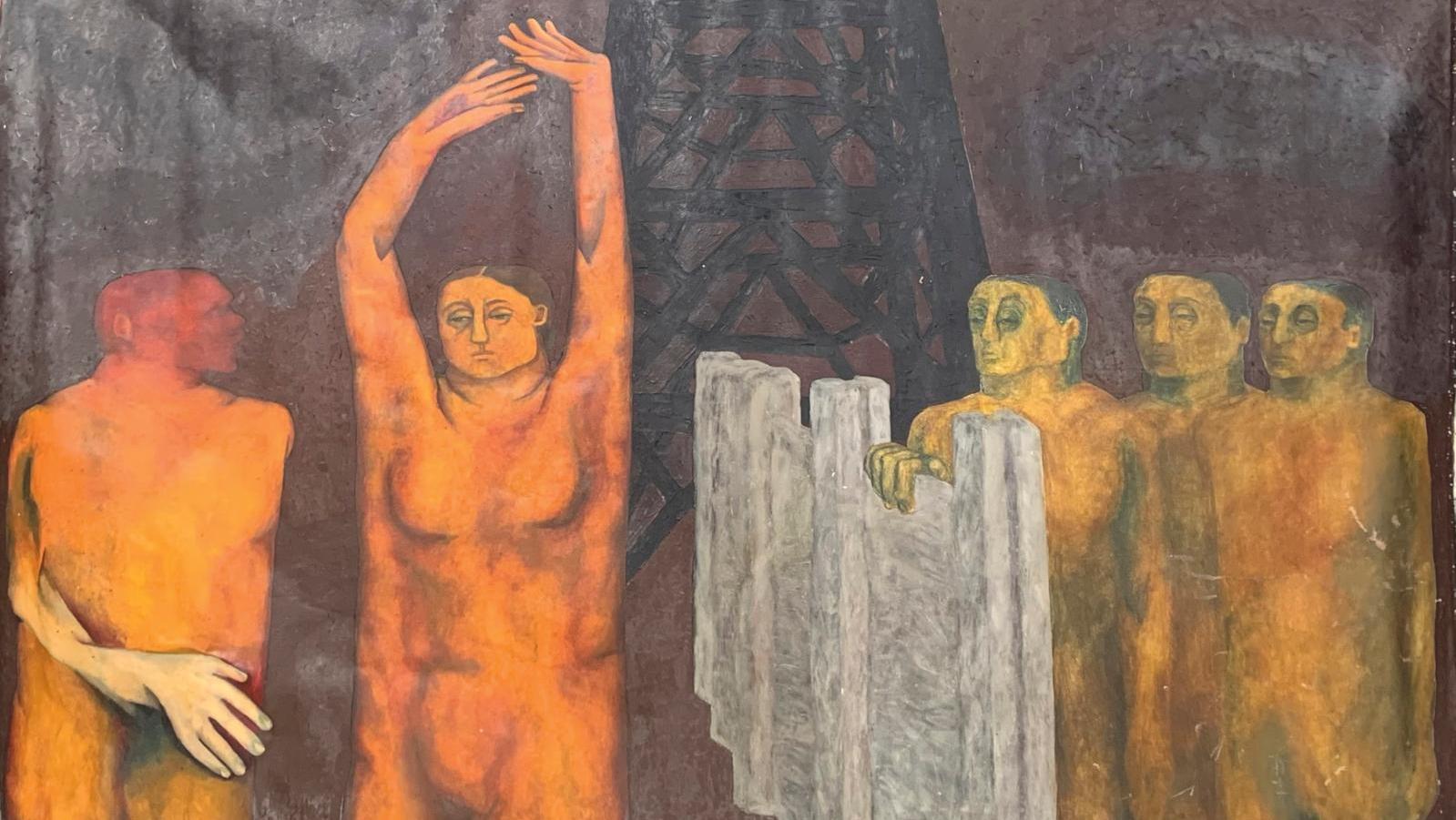 Sudhir Patwardhan (né en 1949), Five Figures, huile sur toile, 1976, 140 x 228 cm.... Surprise indienne avec Sudhir Patwardhan
