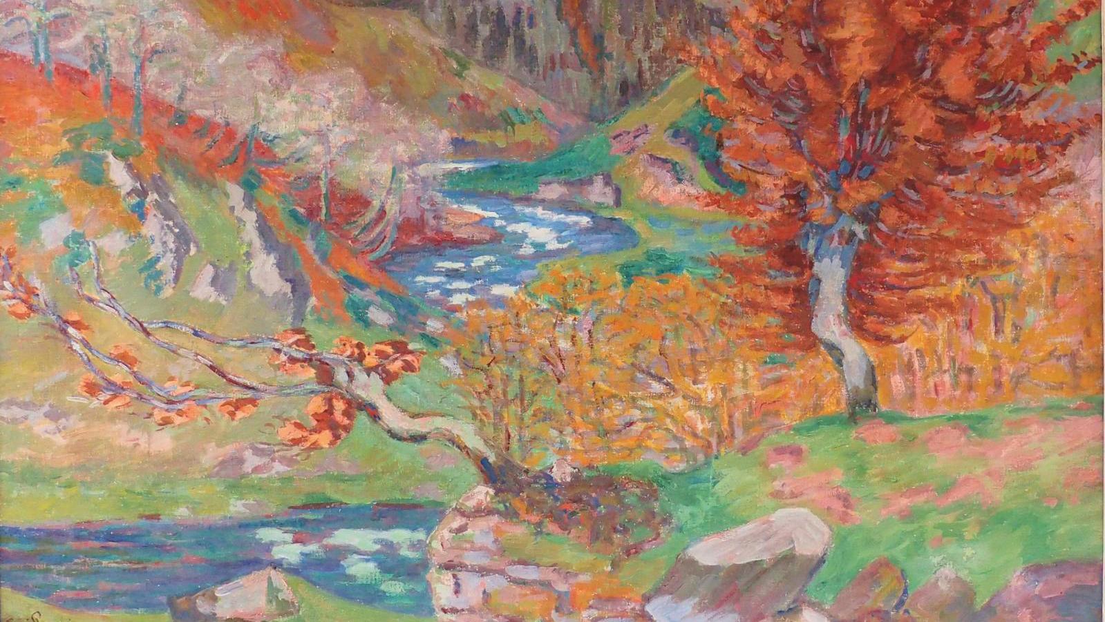 Armand Guillaumin (1841-1927), Le Rocher de la Fileuse (The Spinner’s Rock), Creuse,... A Modern Tempera Painting by Impressionist Armand Guillaumin 