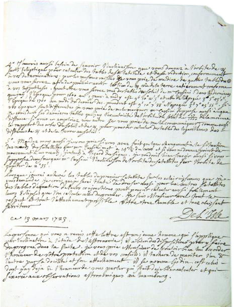 5 000 € Joseph-Nicolas Delisle (1688-1768), astronome, L.A.S., 13 mars 1723, à Giacomo Filippo Maraldi, 3 pages in-4°, lettre sur le calcul des tables