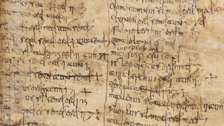 Tours, VIIe siècle. Manuscrit mérovingien de l’abbaye de Saint-Martin de Tours, feuillet... Un papyrus chez les Mérovingiens