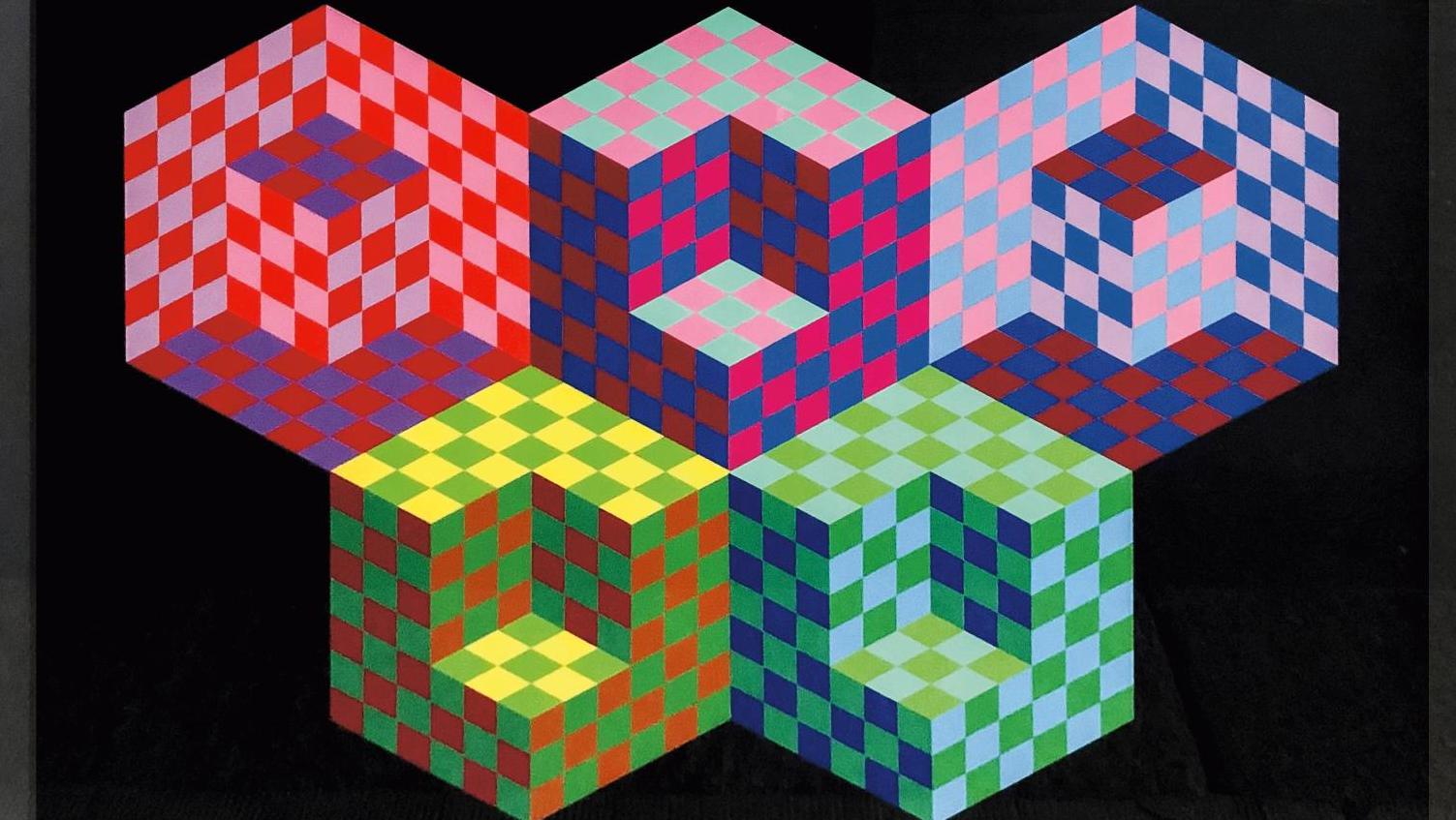 Victor Vasarely (1906-1997), Hexa 5, collage de papiers découpés et colorés sur panneau,... Un collage cinétique signé Vasarely