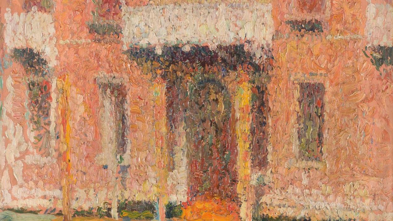 Henri Martin (1860-1943), Venise, porte et balcon d’un palais rouge, reflets, 1910,... Venise ardente par Henri Martin