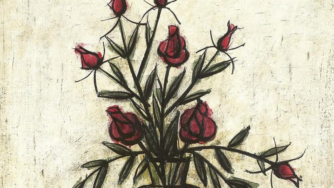 Bernard Buffet (1928-1999), Roses dans un vase de Gallé, 1989, huile sur toile signée,... Bernard Buffet, un expressionnisme multiple