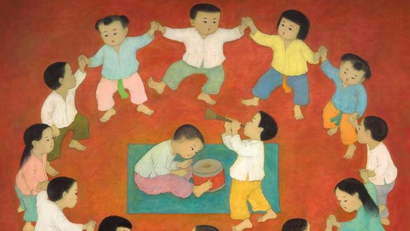 Mai Trung Thu, dit Mai-Thu (1906-1980), La Ronde des enfants, 1965, encre et couleurs... Mai-Thu et Pham Hau, toujours plus haut !
