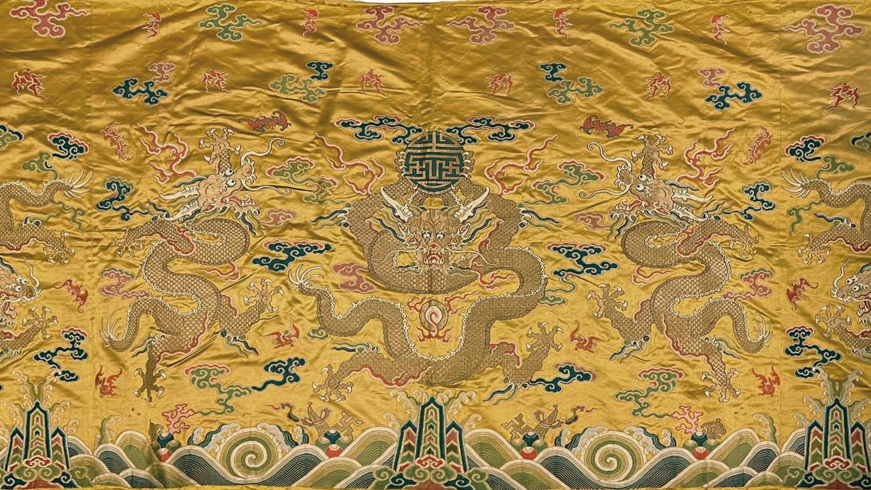 China, 18th-19th century. Rectangular yellow silk panel embroidered with five polychrome... E is for Chinese Embroidery