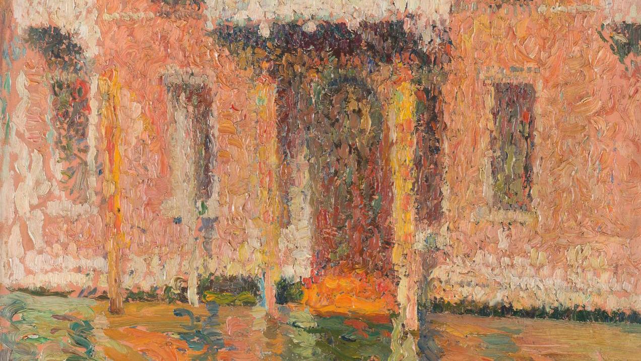 Henri Martin (1860-1943), Venise, porte et balcon d'un palais rouge, reflets, 1910,... A Fiery Venice by Henri Martin