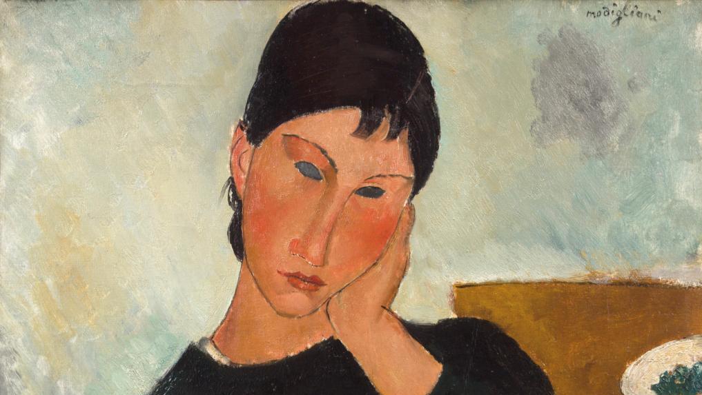 Amedeo Modigliani (1884-1920), Elvire assise, accoudée à une table, 1919, huile sur... Modigliani et son marchand Paul Guillaume à l’Orangerie