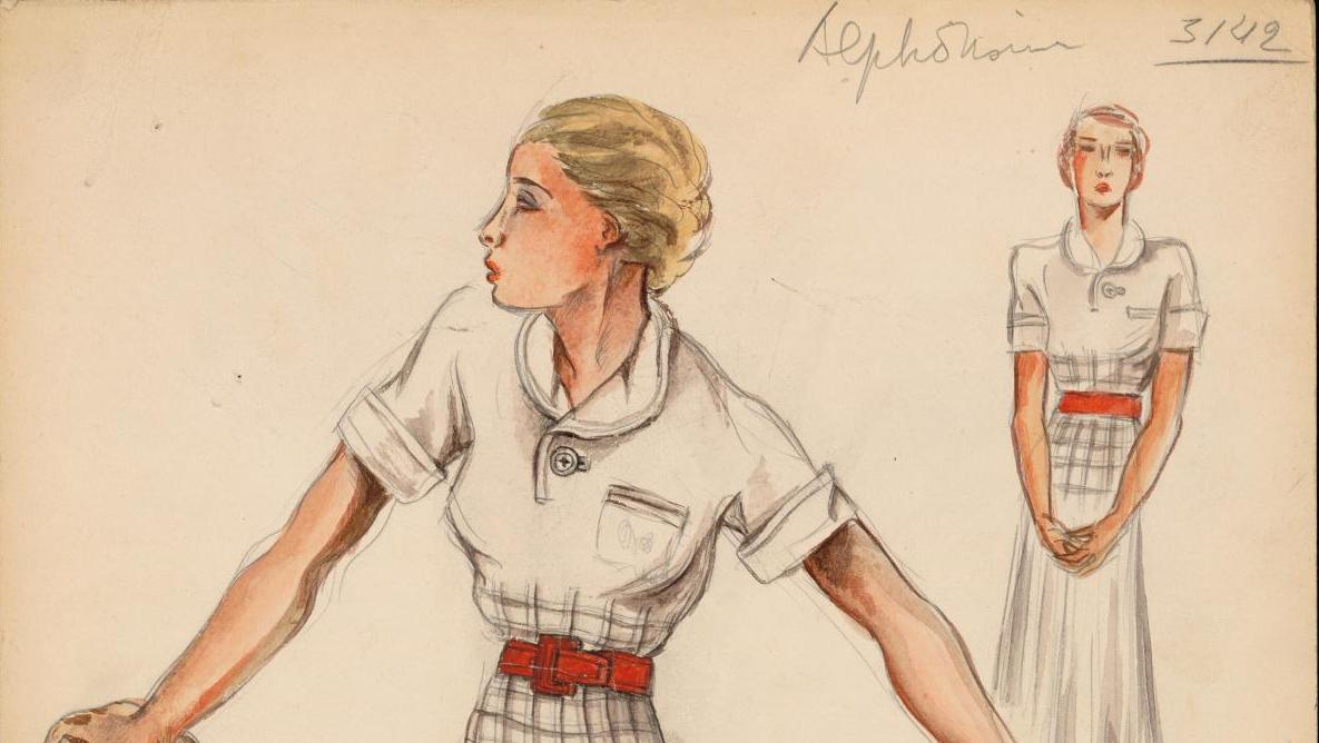 Jean Patou et Muguette Buhler, croquis d’un modèle de tennis, 1934-1937, crayon et... Quand le sport et la mode s’inspirent au musée des Arts déco