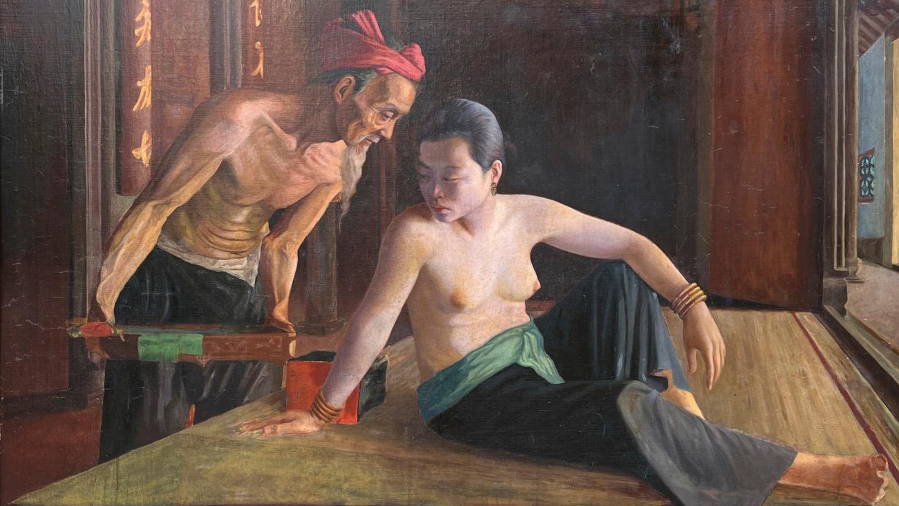 Charles Balencie (1871-1936), L’Opium, huile sur toile marouflée sur panneau, 144 x 96 cm.... Charles Balencie dans les secrets de l’opium