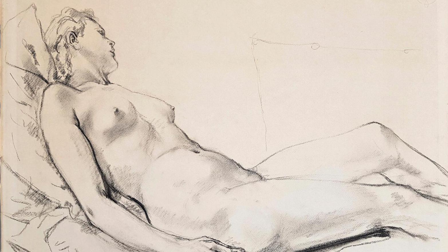 Tsuguharu Foujita (1886-1968), Femme nue allongée, 1953, dessin sur papier d’Ingres... Foujita ou le nu modernisé 
