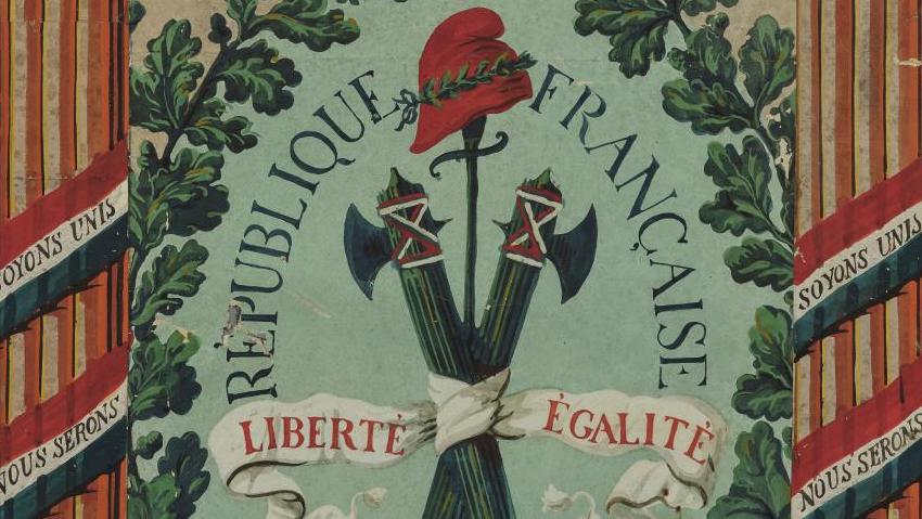 Maison Réveillon, vers 1793, fragment de papier peint aux attributs révolutionnaires,... P comme papier peint, au XVIIIe siècle