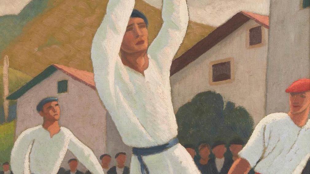 Ramiro Arrue (1892-1971), Partie de pelote, huile sur toile signée, étiquette manuscrite... Arrue, expert du mouvement  de la pelote basque