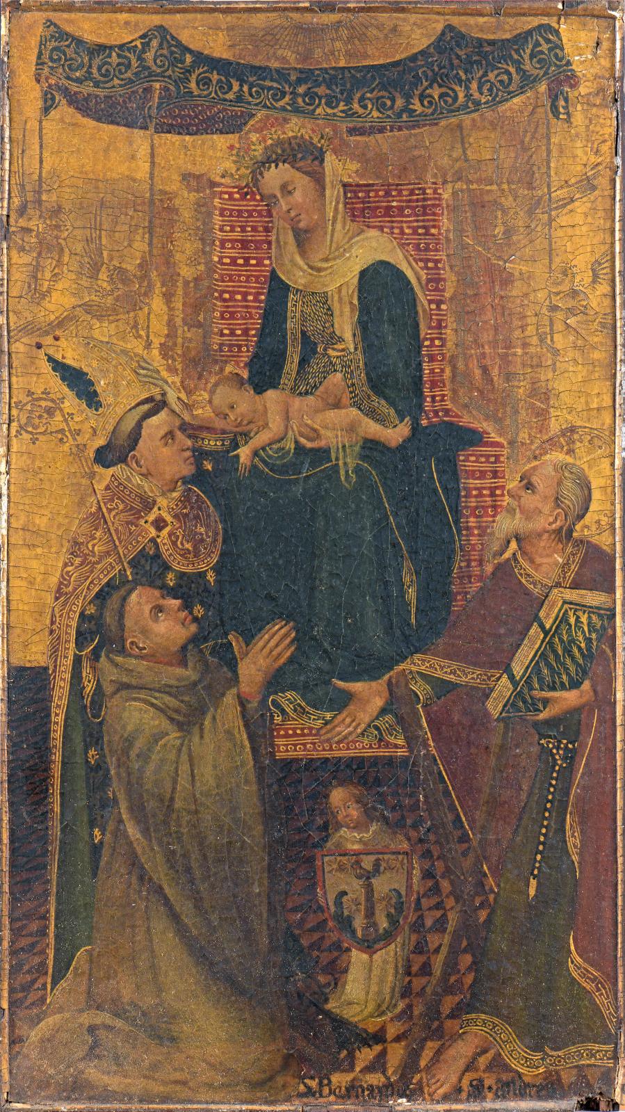École française vers 1400-1410, Un moine franciscain en prière devant la Vierge et l’Enfant Jésus présenté par saint Louis de Toulouse, à droite saint