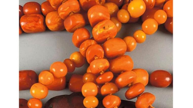 Collier Vintage Perles Dégressives Ambre Orange - Bijou Résine Couleur Or, état Impeccable