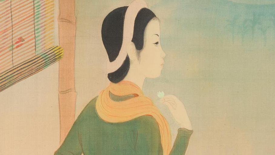 Mai-Thu (1906-1980), Contemplation, encre et couleurs sur soie, 40 x 60 cm. Adjugé :... Mai-Thu en pleine méditation