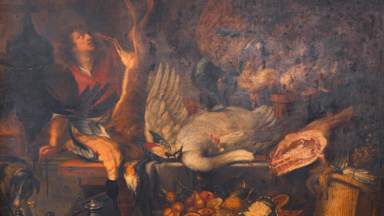 Attribué à Adrien Van Utrecht (1599-1638), Garde-manger, huile sur toile, 168 x 225... Scène de cuisine flamande du XVIIe